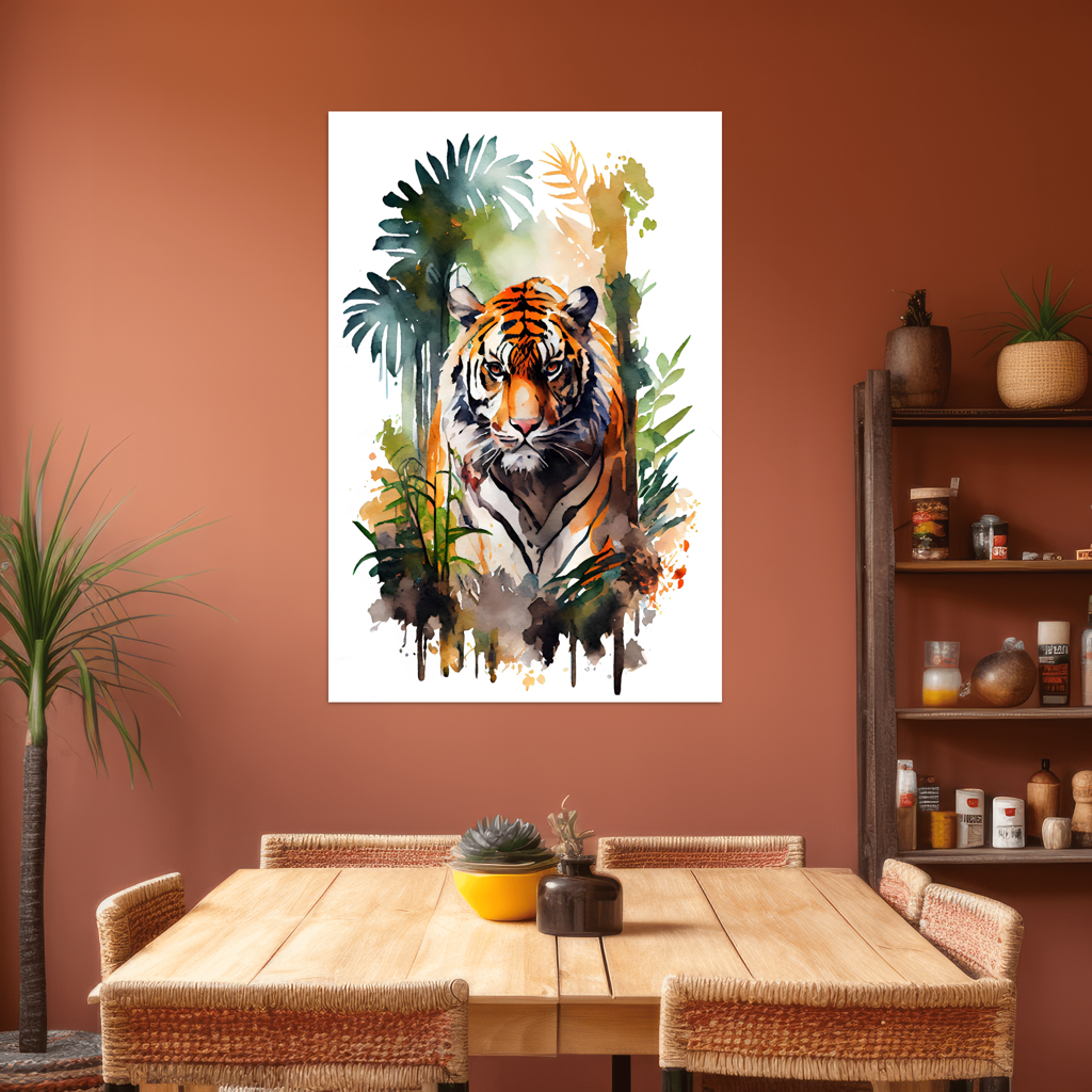 Kraft des Dschungels - Tiger - Aquarell - Hochformat - Esszimmer orange Wand - Alu-Dibond - Acrylglas 