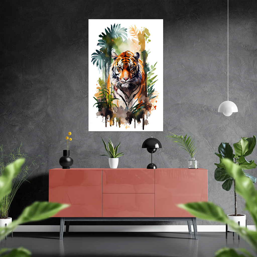 Kraft des Dschungels - Tiger - Aquarell - Hochformat - Stylisches Wohnzimmer mit Sideboard - Alu-Dibond - Acrylglas 
