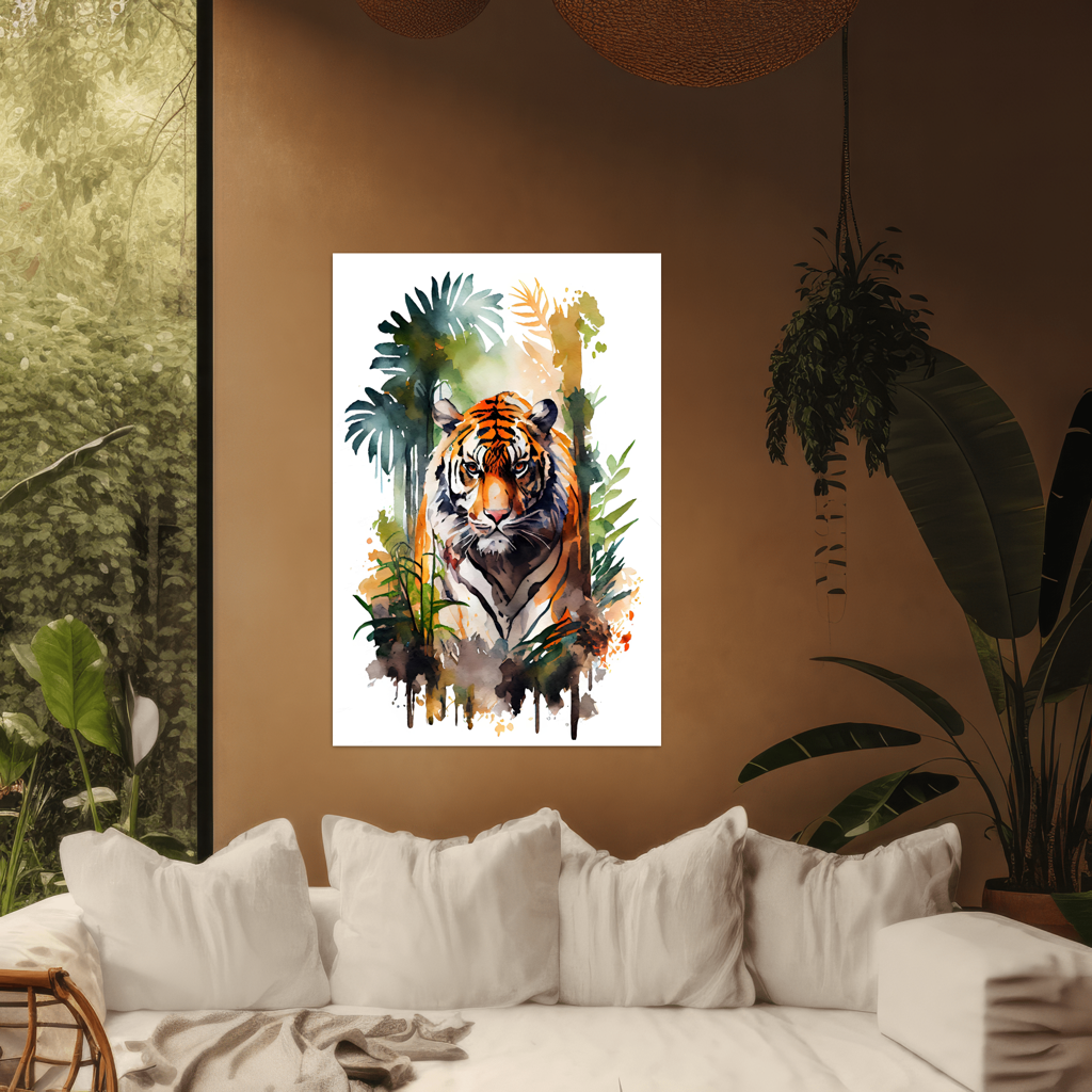 Kraft des Dschungels - Tiger - Aquarell - Hochformat - Wohnzimmer mit Pflanzen - Alu-Dibond - Acrylglas 