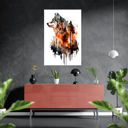 Kraft und Faszination - Wolf - Aquarell - Hochformat - Stylisches Wohnzimmer mit Sideboard - Alu-Dibond - Acrylglas 