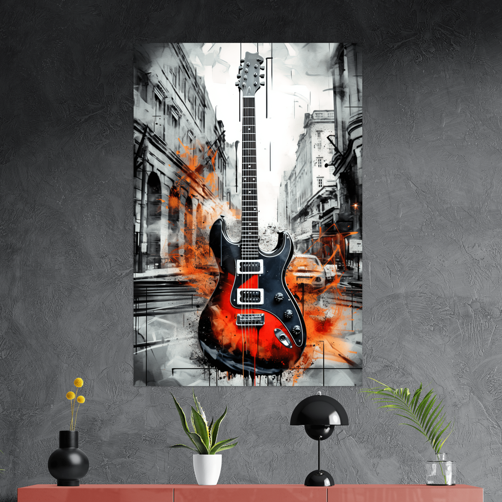 Melody of the Metropolis - Urban Guitar - Hochformat - Detailansicht mit Sideboard - Alu-Dibond - Acrylglas 