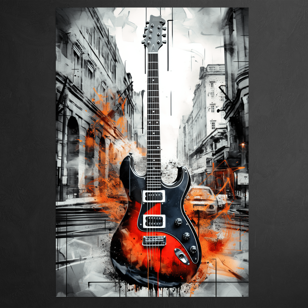 Melody of the Metropolis - Urban Guitar - Hochformat - Detailansicht  - Schwarzer Hintergrund - Alu-Dibond - Acrylglas 
