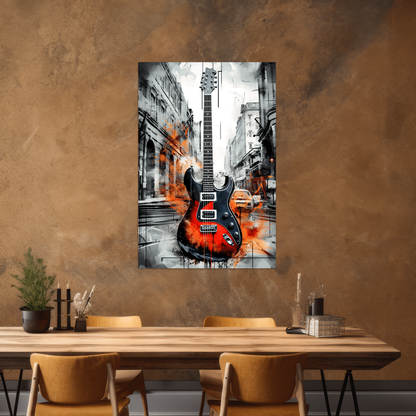 Melody of the Metropolis - Urban Guitar - Hochformat - Esszimmer strukturierte Wand - Alu-Dibond - Acrylglas 