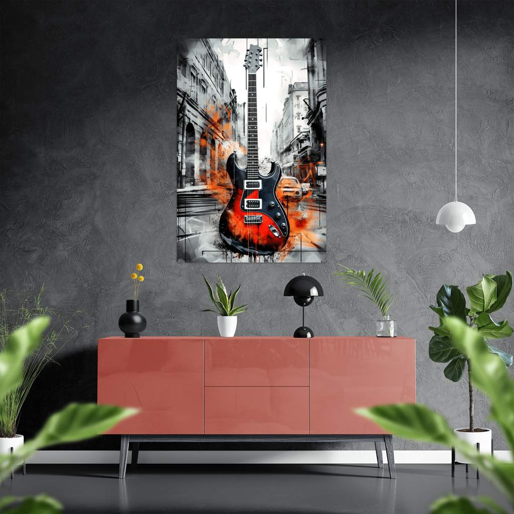 Melody of the Metropolis - Urban Guitar - Hochformat - Stylisches Wohnzimmer mit Sideboard - Alu-Dibond - Acrylglas 