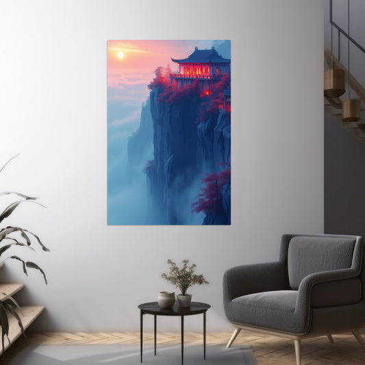 Misty Cliffside Sanctuary - digital Art - Hochformat - Wohnzimmer grau - Alu-Dibond - Acrylglas 