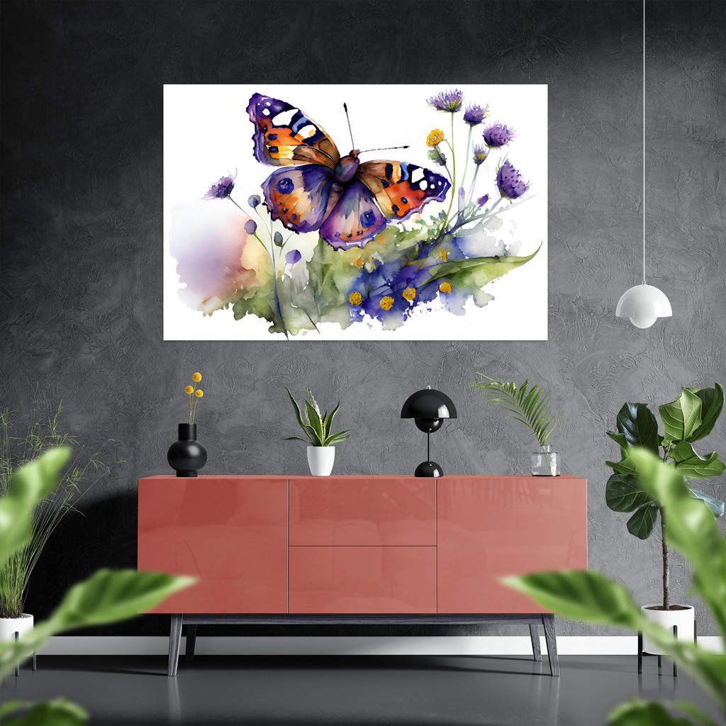 Mystische Dämmerung - Schmetterling - Aquarell-Querformat - Stylisches Wohnzimmer mit Sideboard - Alu-Dibond - Acrylglas 