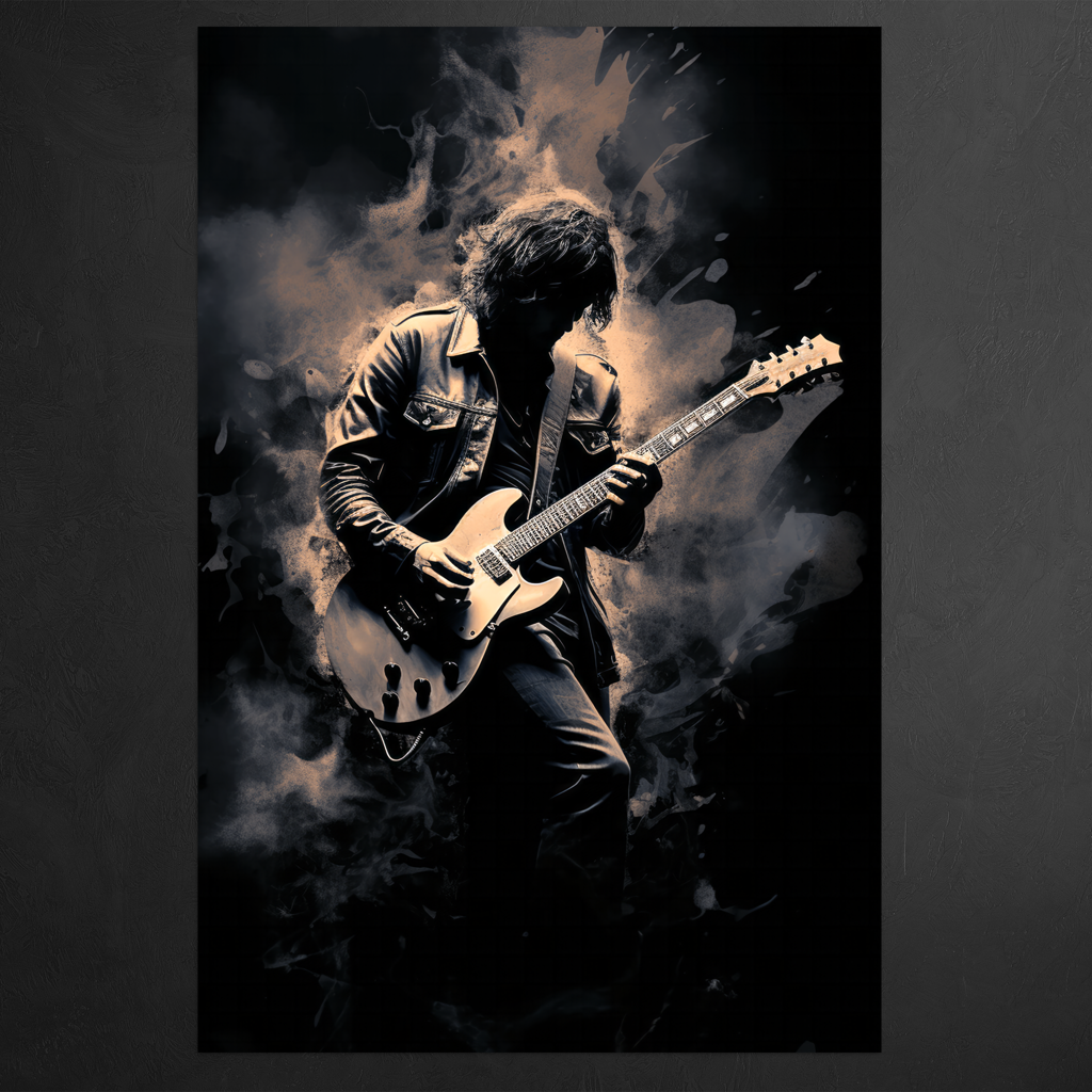 Riff of Rebellion - Gitarrist mit E-Gitarre - Hochformat - Detailansicht  - Schwarzer Hintergrund - Alu-Dibond - Acrylglas