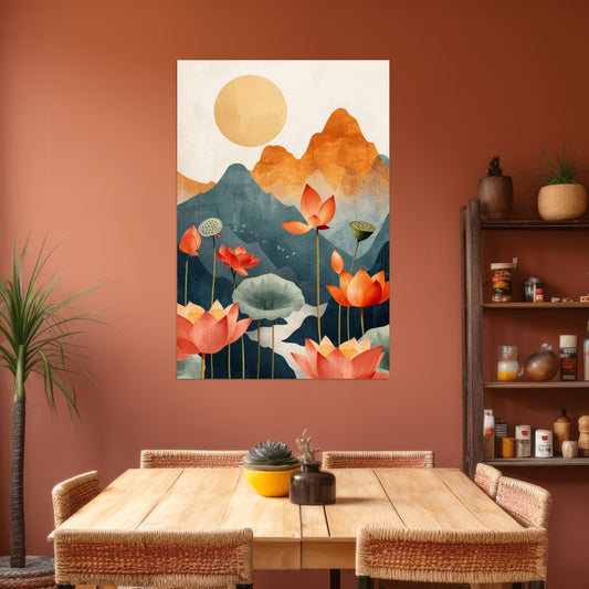 Sanfte Berge im Morgenlicht - digital Art - Hochformat - Esszimmer orange Wand - Alu-Dibond - Acrylglas 