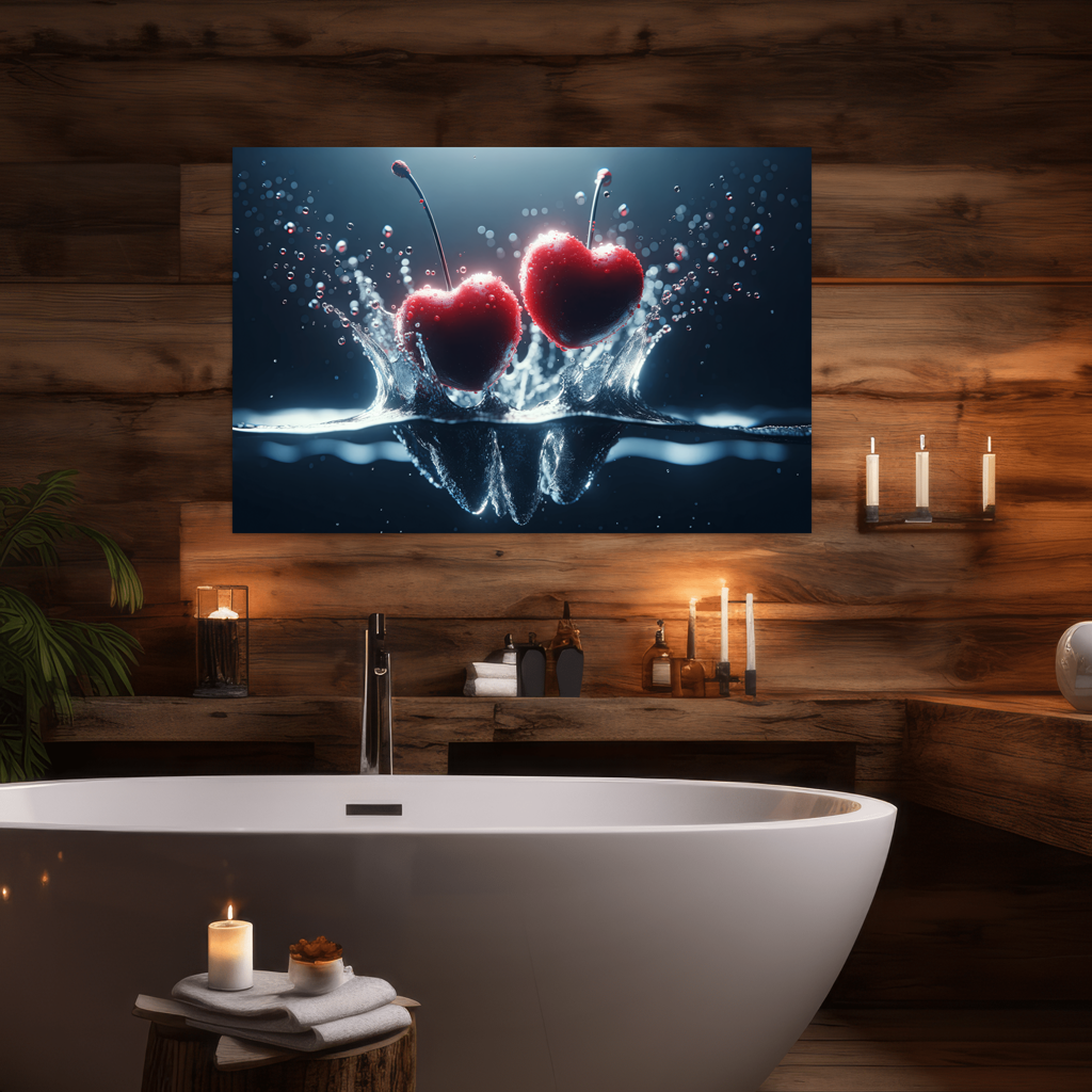 Splash Love - Herzförmige Kirschen aus dem Wasser -digital Art - Querformat - Badezimmer - Luxus Holz-Style - Alu-Dibond - Acrylglas 
