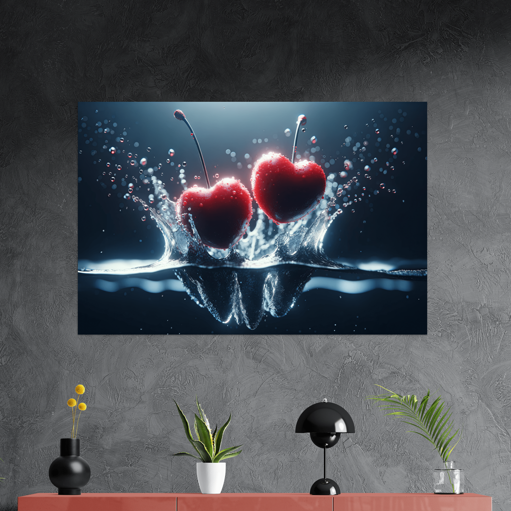 Splash Love - Herzförmige Kirschen aus dem Wasser -digital Art - Querformat - Detailansicht mit Sideboard - Alu-Dibond - Acrylglas