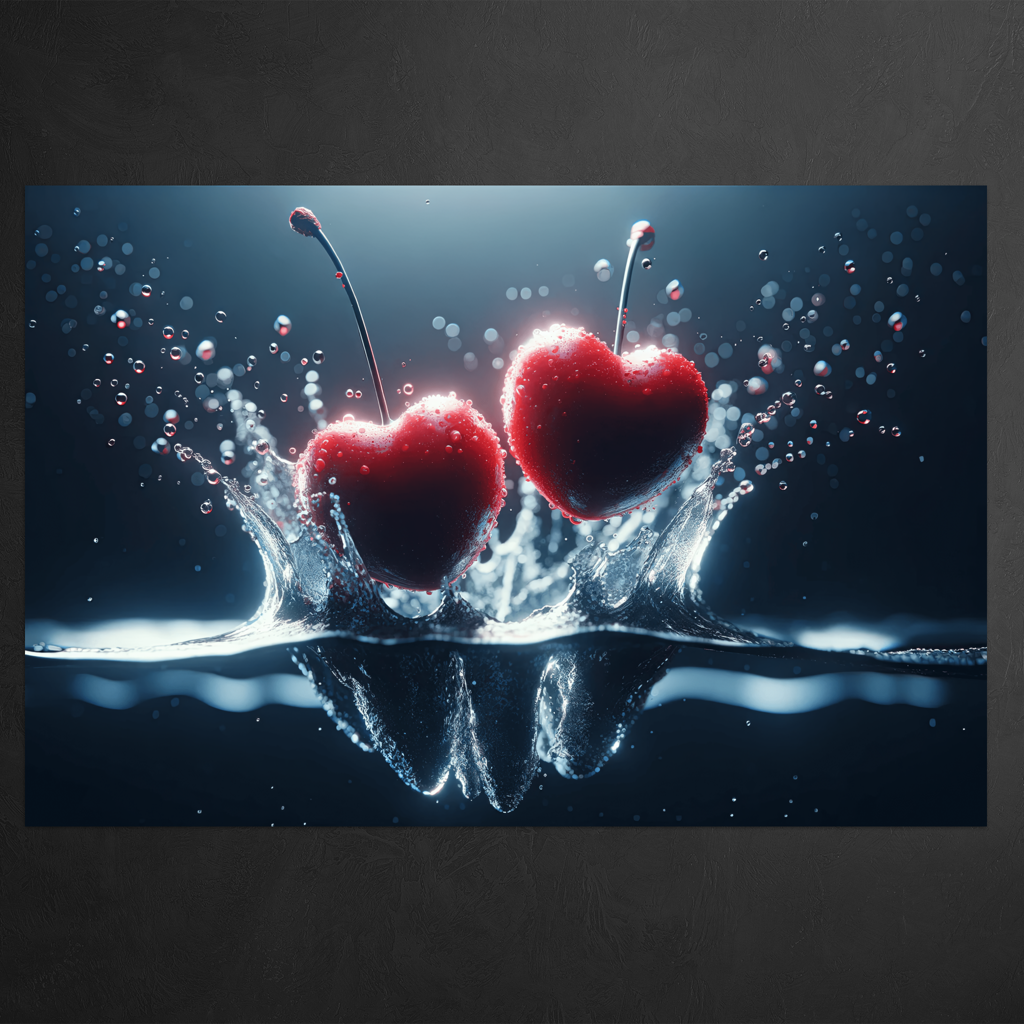 Splash Love - Herzförmige Kirschen aus dem Wasser -digital Art - Querformat - Detailansicht  - Schwarzer Hintergrund - Alu-Dibond - Acrylglas 