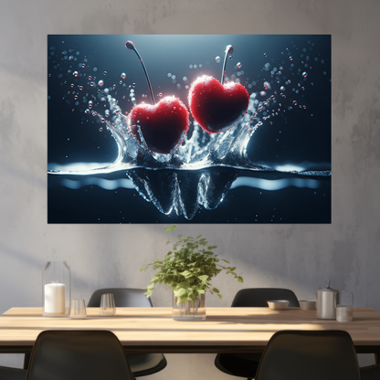 Splash Love - Herzförmige Kirschen aus dem Wasser -digital Art - Querformat - Esszimmer graue Wand - Alu-Dibond - Acrylglas 