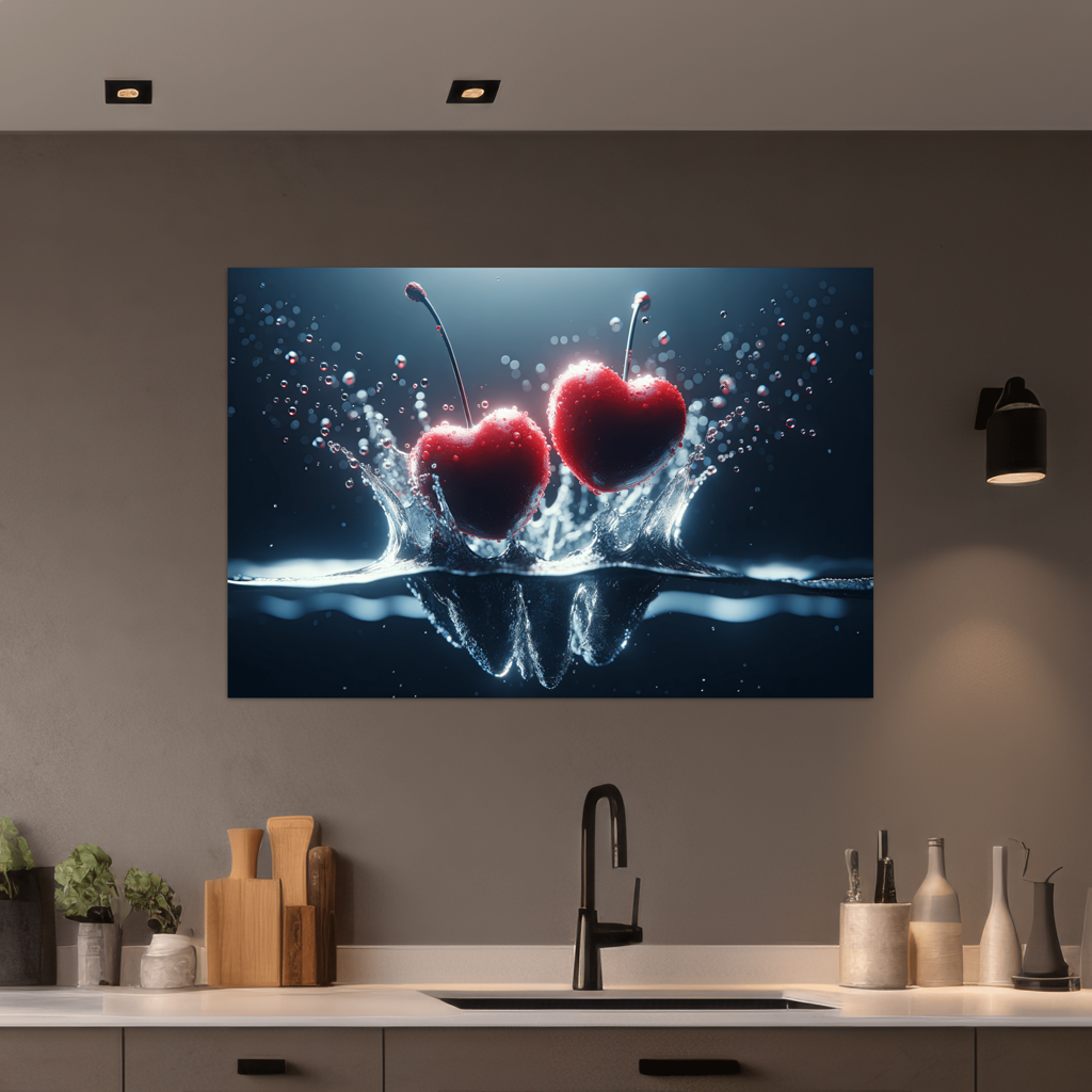 Splash Love - Herzförmige Kirschen aus dem Wasser -digital Art - Querformat - Küche modern - Alu-Dibond - Acrylglas