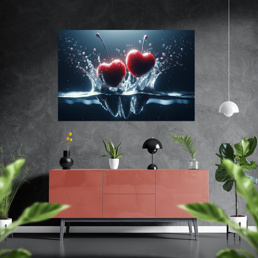 Splash Love - Herzförmige Kirschen aus dem Wasser -digital Art - Querformat - Stylisches Wohnzimmer mit Sideboard - Alu-Dibond - Acrylglas 