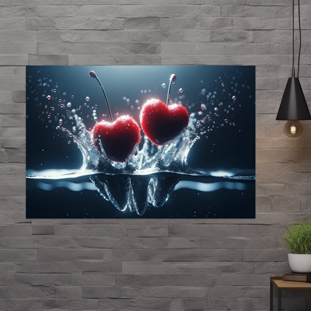 Splash Love - Herzförmige Kirschen aus dem Wasser -digital Art - Querformat - Wand neutral - Alu-Dibond - Acrylglas 