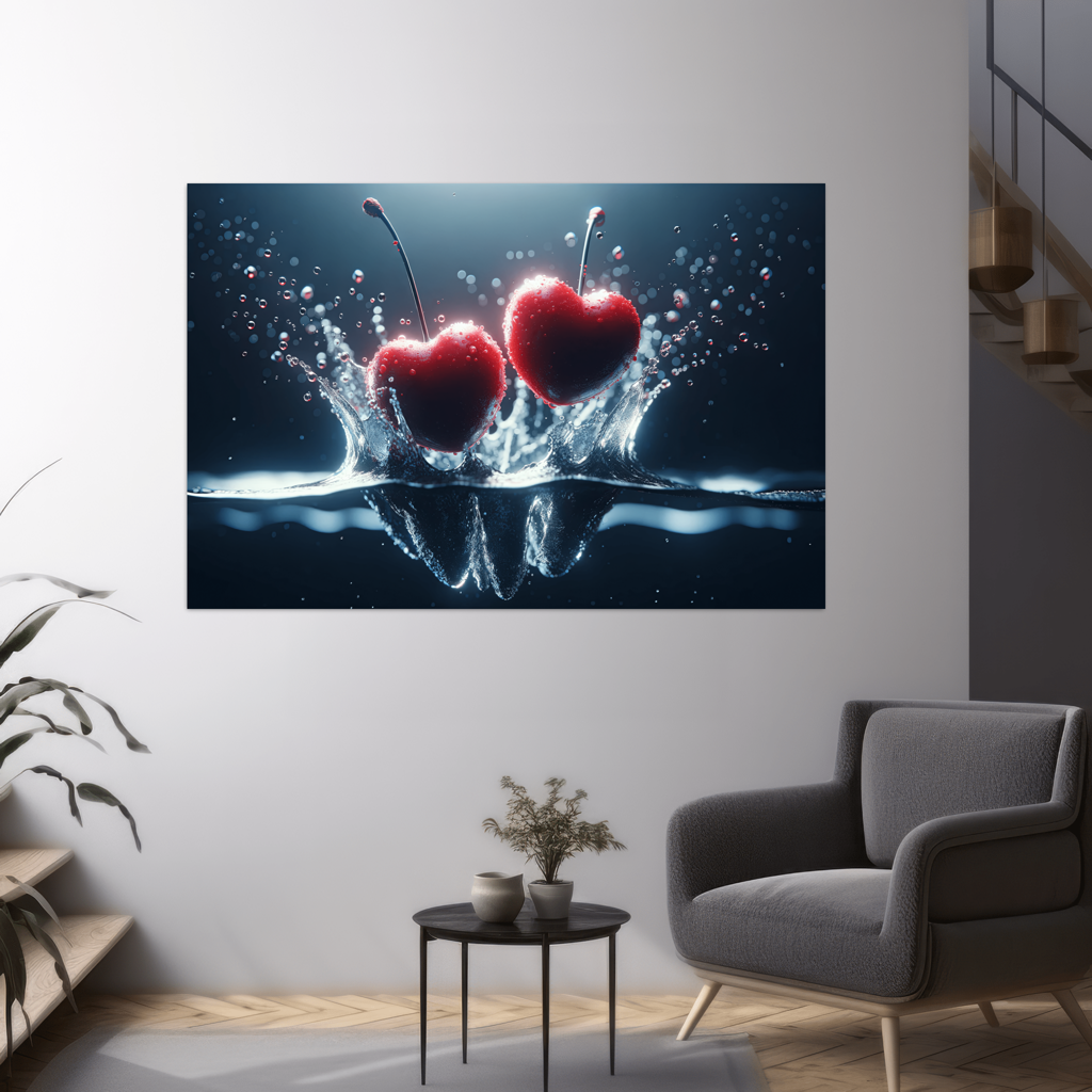 Splash Love - Herzförmige Kirschen aus dem Wasser -digital Art - Querformat - Wohnzimmer grau - Alu-Dibond - Acrylglas 