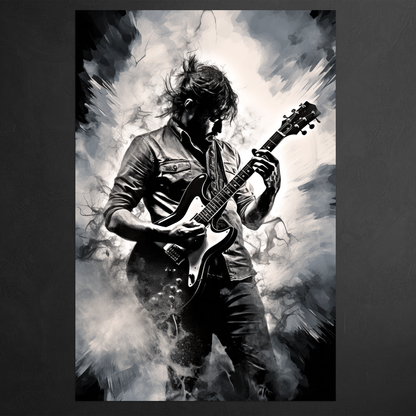 Storm of Sound and Light - Gitarrist mit E-Gitarre - Hochformat - Detailansicht  - Schwarzer Hintergrund - Alu-Dibond - Acrylglas 