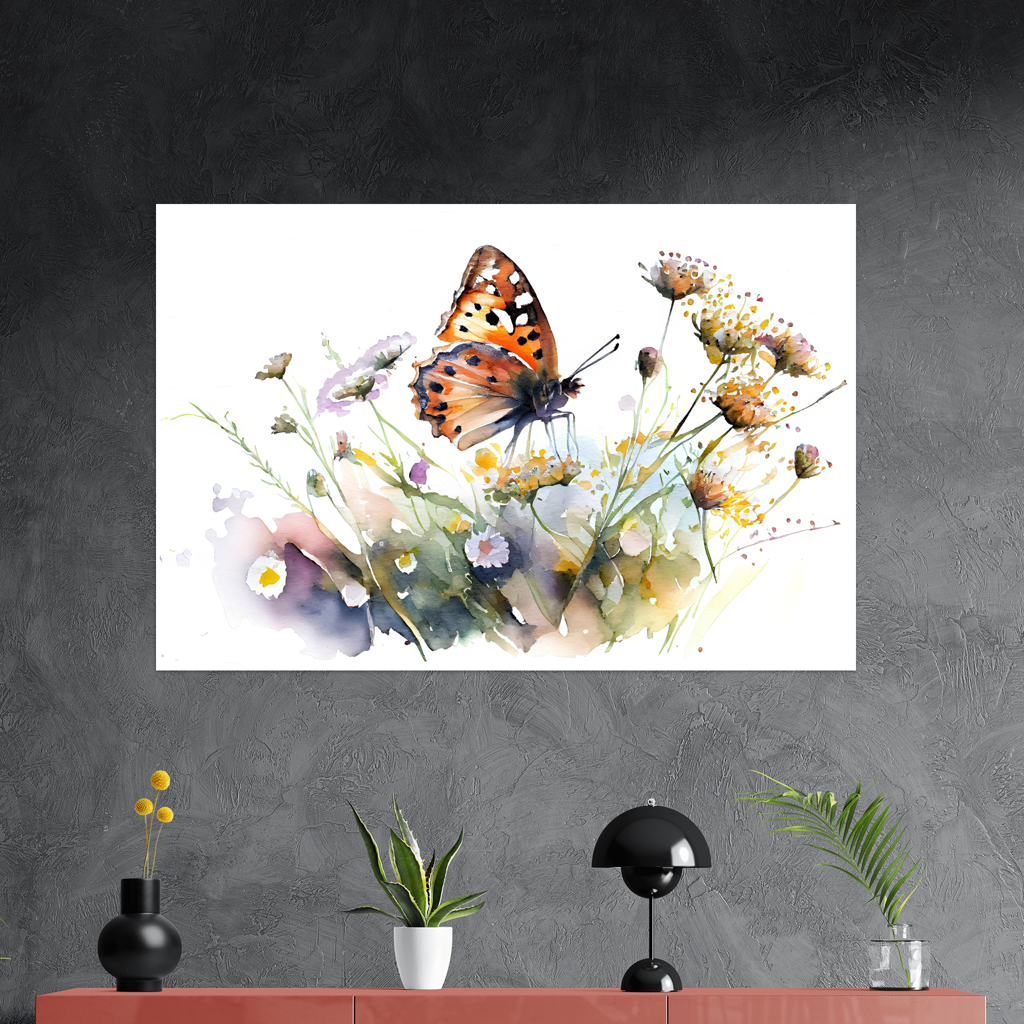 Tanz an einem Sommertag - Schmetterling - Aquarell - Querformat - Detailansicht mit Sideboard - Alu-Dibond - Acrylglas 