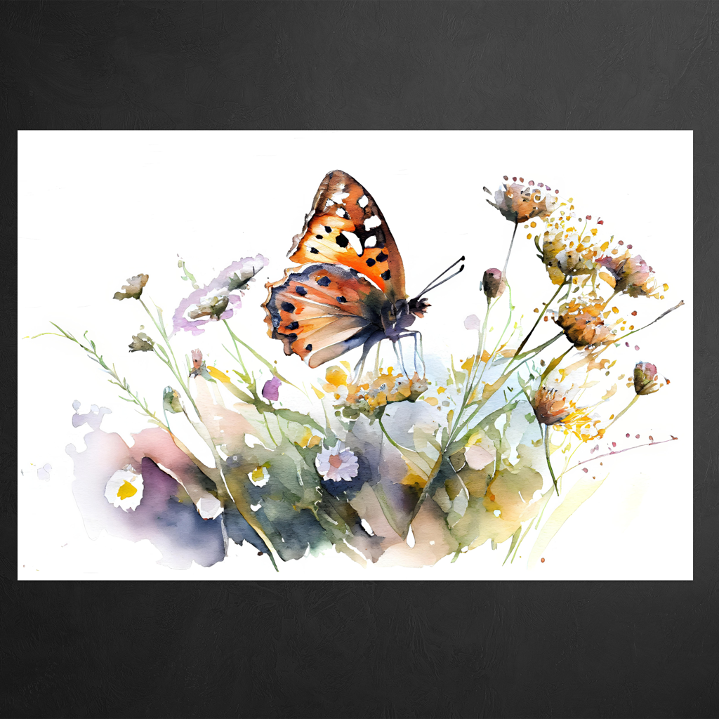Tanz an einem Sommertag - Schmetterling - Aquarell - Querformat - Detailansicht  - Schwarzer Hintergund - Alu-Dibond - Acrylglas 