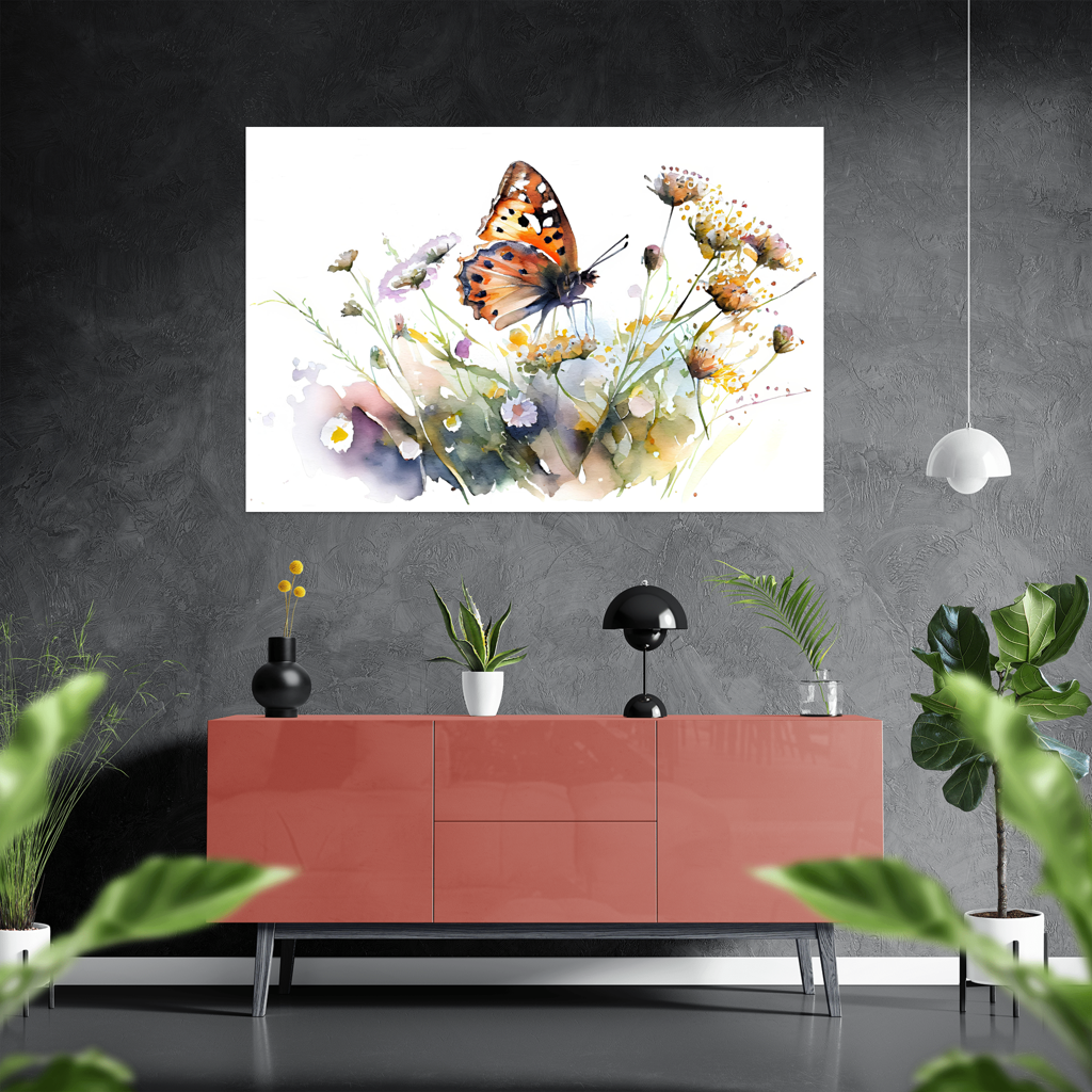 Tanz an einem Sommertag - Schmetterling - Aquarell - Querformat - Stylisches Wohnzimmer mit Sideboard - Alu-Dibond - Acrylglas 