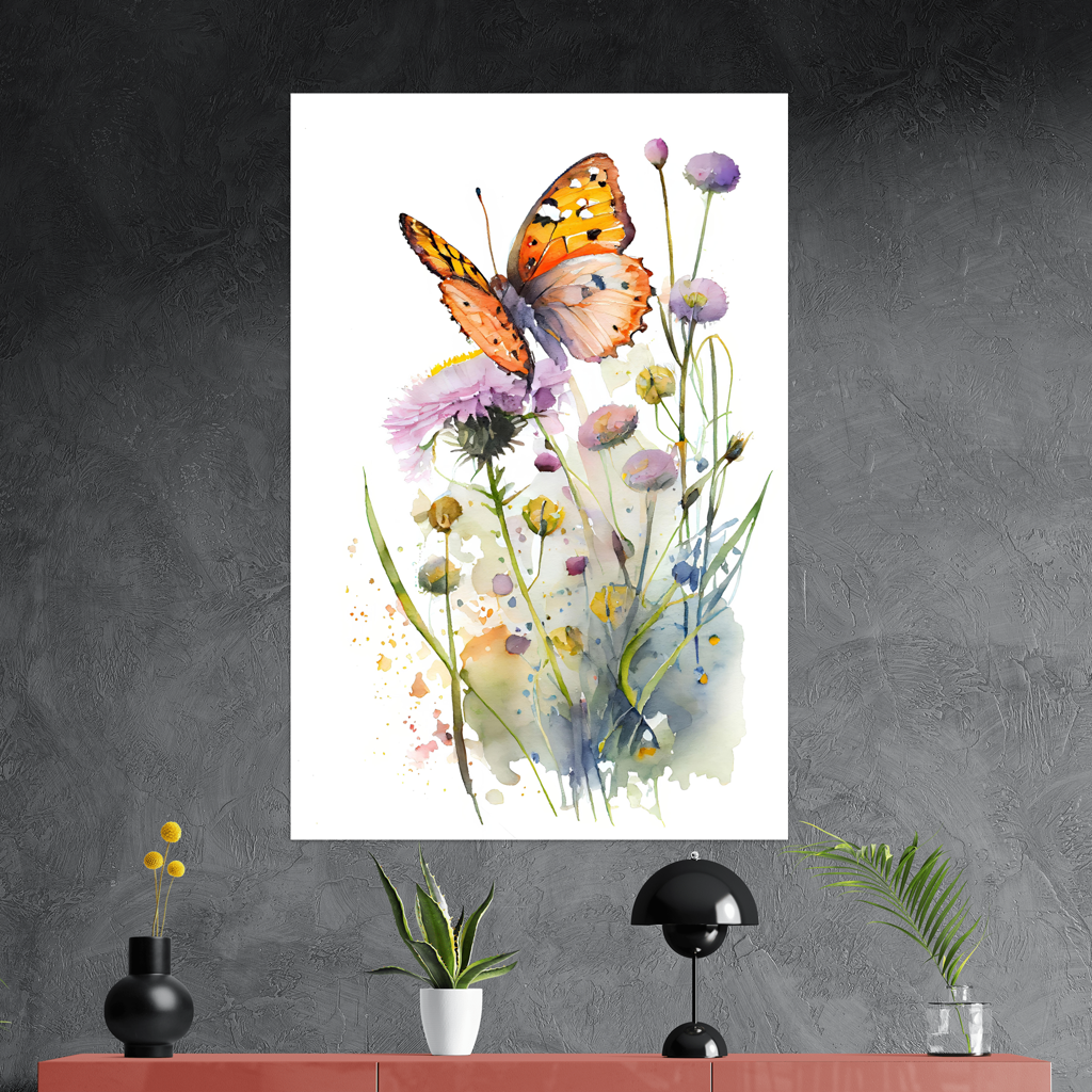 Tanz im Sonnenlicht - Schmetterling - Aquarell - Hochformat - Detailansicht mit Sideboard - Alu-Dibond - Acrylglas 