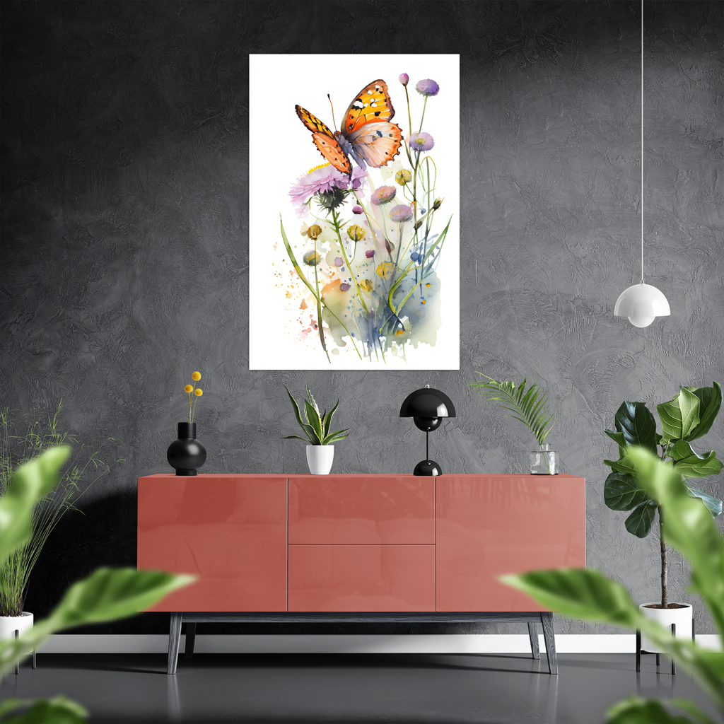 Tanz im Sonnenlicht - Schmetterling - Aquarell - Hochformat - Stylisches Wohnzimmer mit Sideboard - Alu-Dibond - Acrylglas