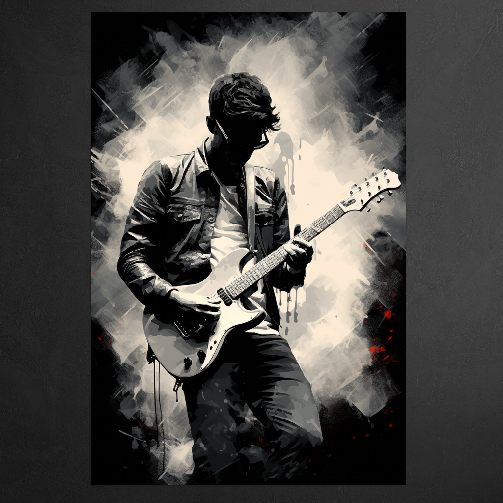 Tones of courage - Gitarrist mit E-Gitarre - Hochformat - Detailansicht  - Schwarzer Hintergrund - Alu-Dibond - Acrylglas 
