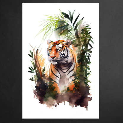 Tropischer Beobachter - Tiger - Aquarell - Hochformat - Detailansicht  - Schwarzer Hintergund - Alu-Dibond - Acrylglas 