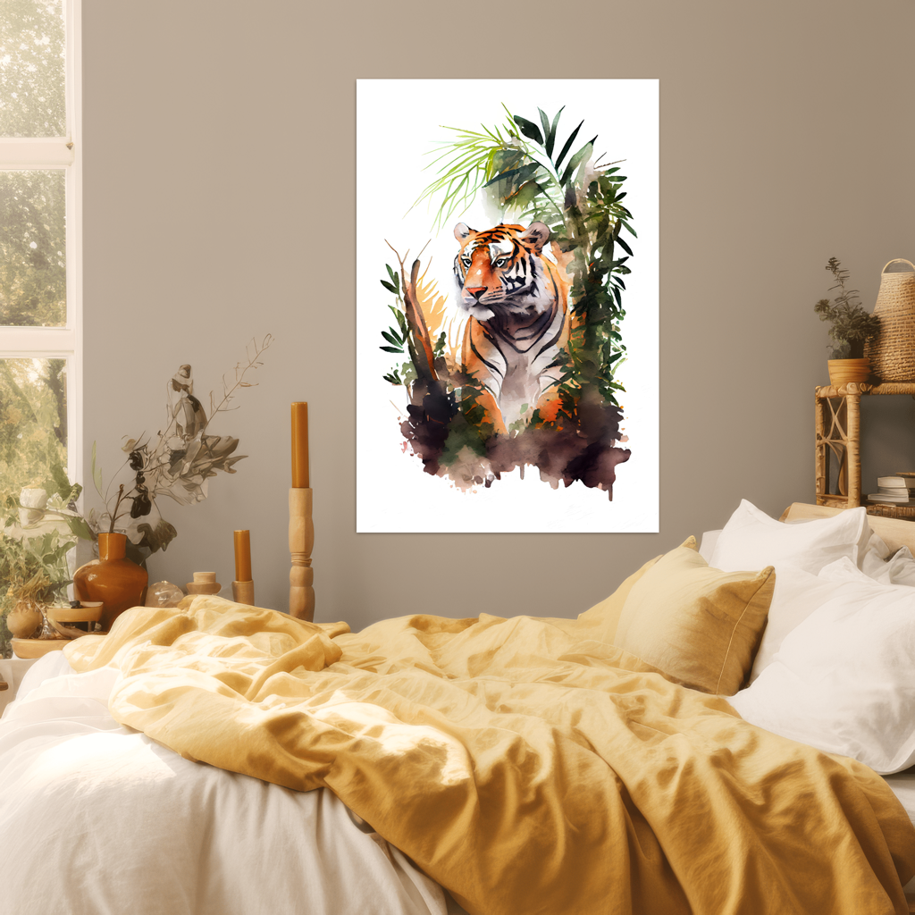 Tropischer Beobachter - Tiger - Aquarell - Hochformat - Schlafzimmer - Natur Style - Alu-Dibond - Acrylglas 