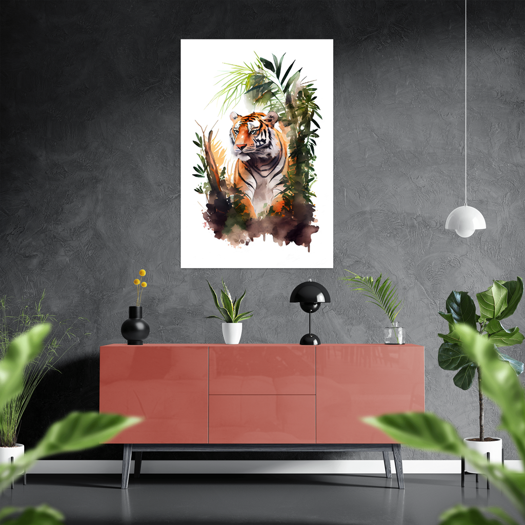 Tropischer Beobachter - Tiger - Aquarell - Hochformat - Stylisches Wohnzimmer mit Sideboard - Alu-Dibond - Acrylglas 
