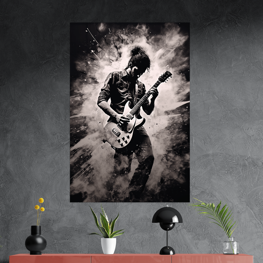 Vortex of passion - Gitarrist mit E-Gitarre - Hochformat - Detailansicht mit Sideboard - Alu-Dibond - Acrylglas 