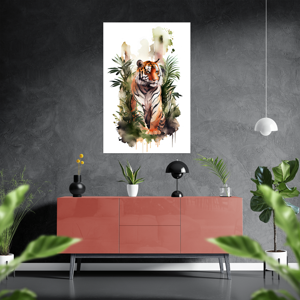 Wachsame Ruhe - Tiger - Aquarell - Hochformat - Stylisches Wohnzimmer mit Sideboard - Alu-Dibond - Acrylglas 