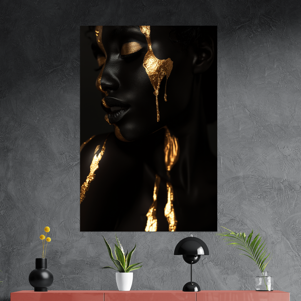 Woman in black and Gold - digital Art - Hochformat - Detailansicht mit Sideboard - Alu-Dibond - Acrylglas 
