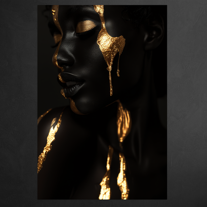 Woman in black and Gold - digital Art - Hochformat - Detailansicht  - Schwarzer Hintergrund - Alu-Dibond - Acrylglas