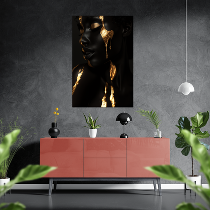 Woman in black and Gold - digital Art - Hochformat - Stylisches Wohnzimmer mit Sideboard - Alu-Dibond - Acrylglas 