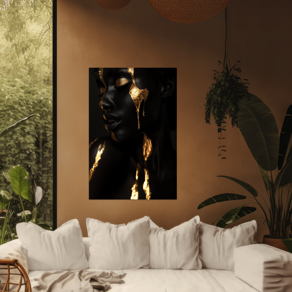 Woman in black and Gold - digital Art - Hochformat - Wohnzimmer mit Pflanzen - Alu-Dibond - Acrylglas 