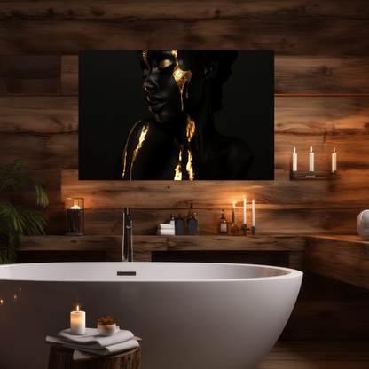 Woman in black and Gold - digital Art - Querformat - Badezimmer - Luxus Holz-Style - Alu-Dibond - Acrylglas 