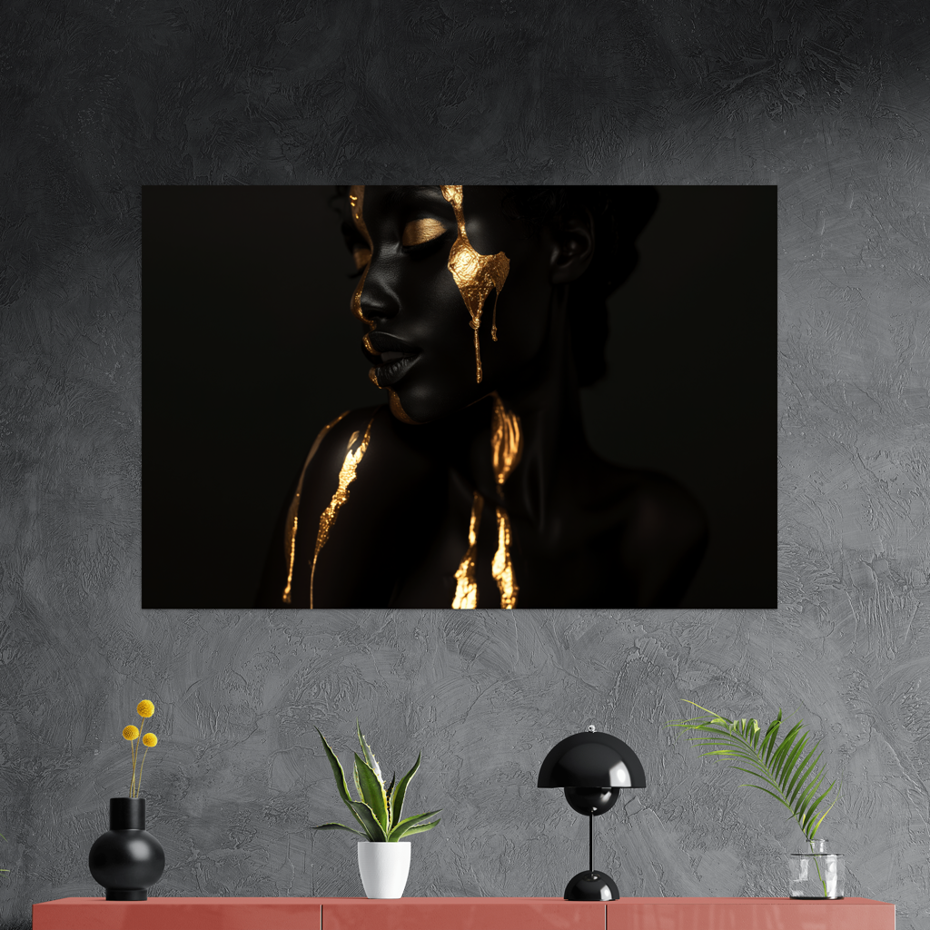 Woman in black and Gold - digital Art - Querformat - Detailansicht mit Sideboard - Alu-Dibond - Acrylglas 