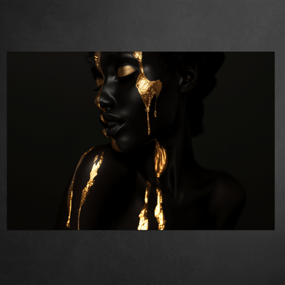 Woman in black and Gold - digital Art - Querformat - Detailansicht  - Schwarzer Hintergrund - Alu-Dibond - Acrylglas 