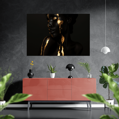 Woman in black and Gold - digital Art - Querformat - Stylisches Wohnzimmer mit Sideboard - Alu-Dibond - Acrylglas 