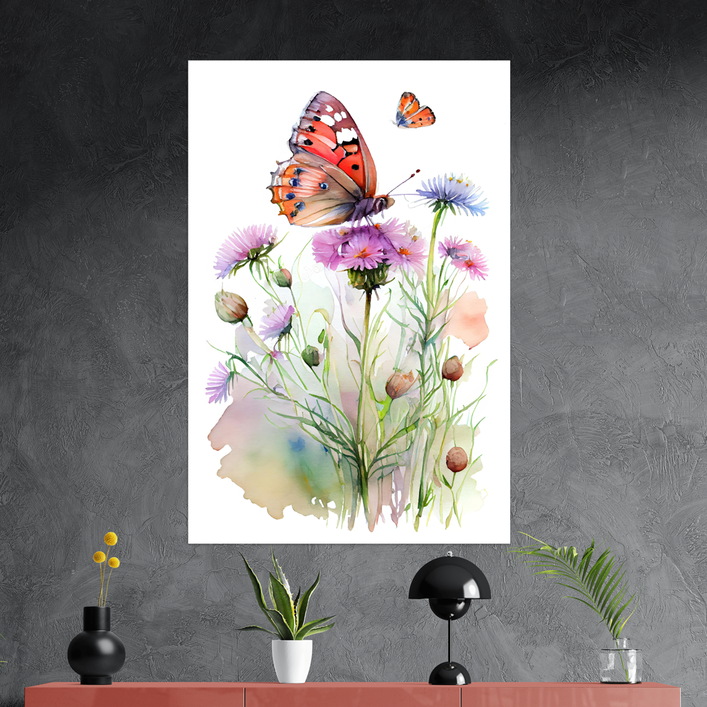 Zarte Begegnung - Schmetterling - Aquarell - Hochformat - Detailansicht mit Sideboard - Alu-Dibond - Acrylglas 