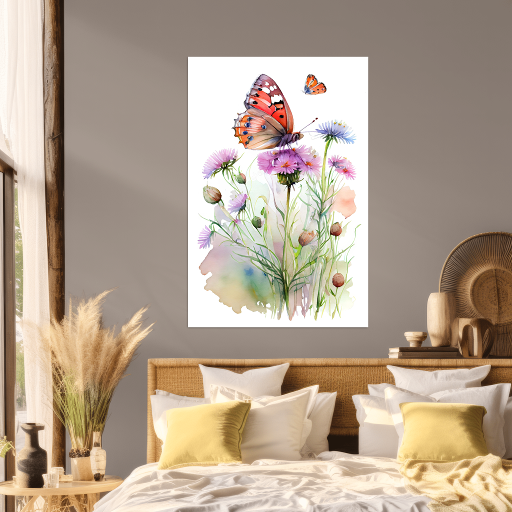 Zarte Begegnung - Schmetterling - Aquarell - Hochformat - Schlafzimmer - Natur Style - Alu-Dibond - Acrylglas 