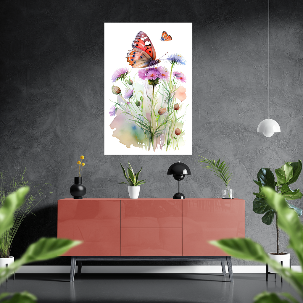 Zarte Begegnung - Schmetterling - Aquarell - Hochformat - Stylisches Wohnzimmer mit Sideboard - Alu-Dibond - Acrylglas 