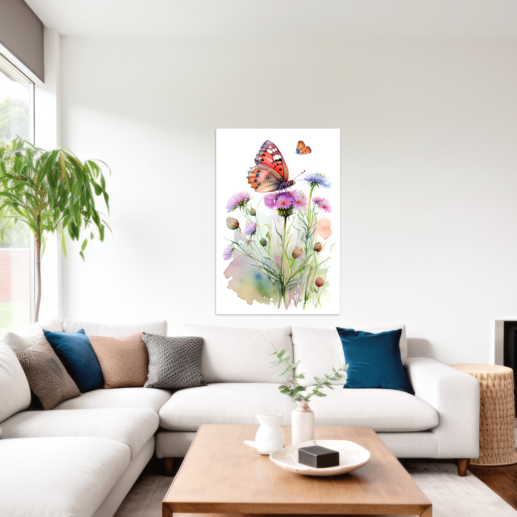 Zarte Begegnung - Schmetterling - Aquarell - Hochformat - Wohnzimmer stylisch - Alu-Dibond - Acrylglas 