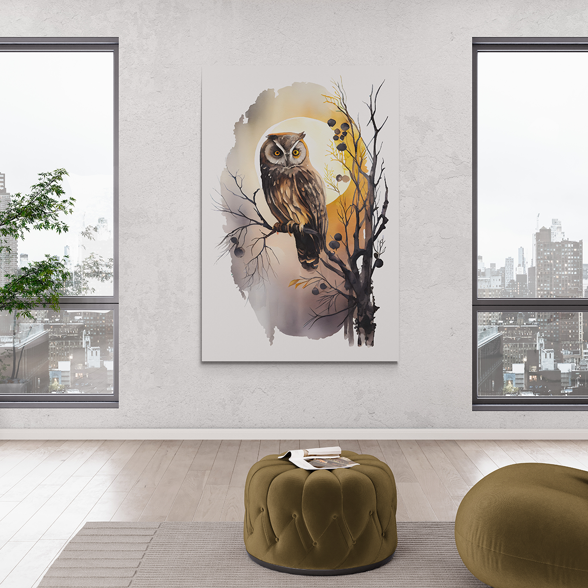 Moonlight Owl - Aquarell Wandbild - Hochformat im Wohnzimmer