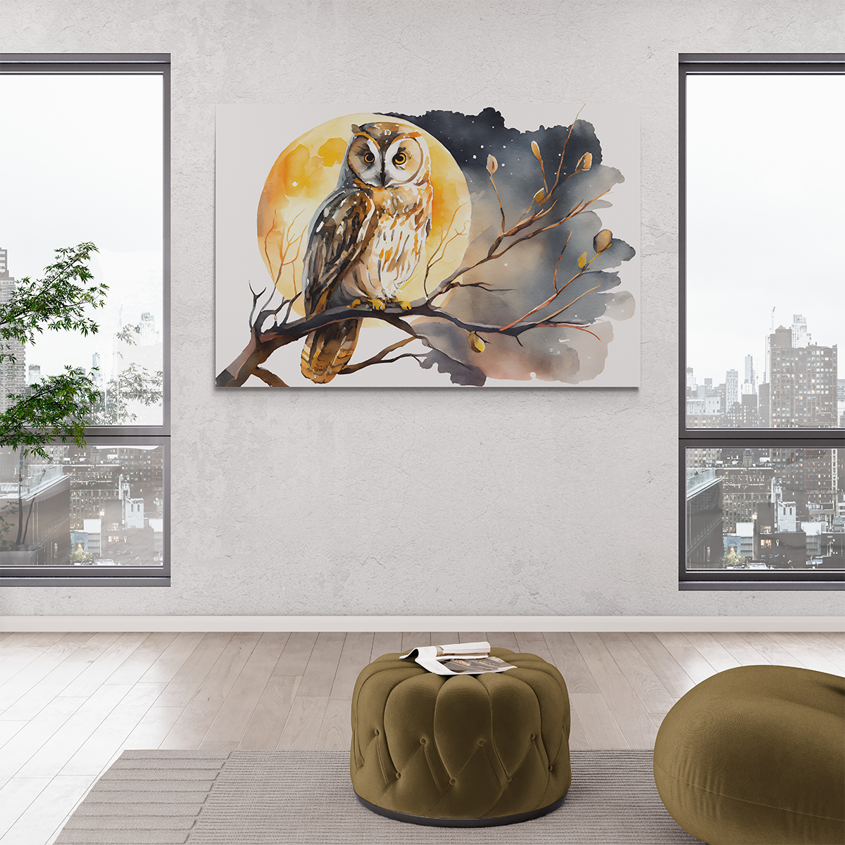 Moonlight Owl - Aquarell Wandbild - Querformat Wohnzimmer