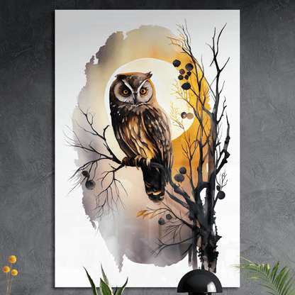Moonlight Owl - Aquarell Wandbild - Hochformat - Acrylglas (Alu verstärkt) - Detailansicht