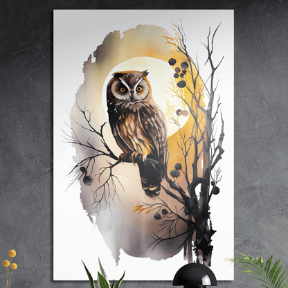 Moonlight Owl - Aquarell Wandbild - Hochformat - Alu-Dibond - Detailansicht