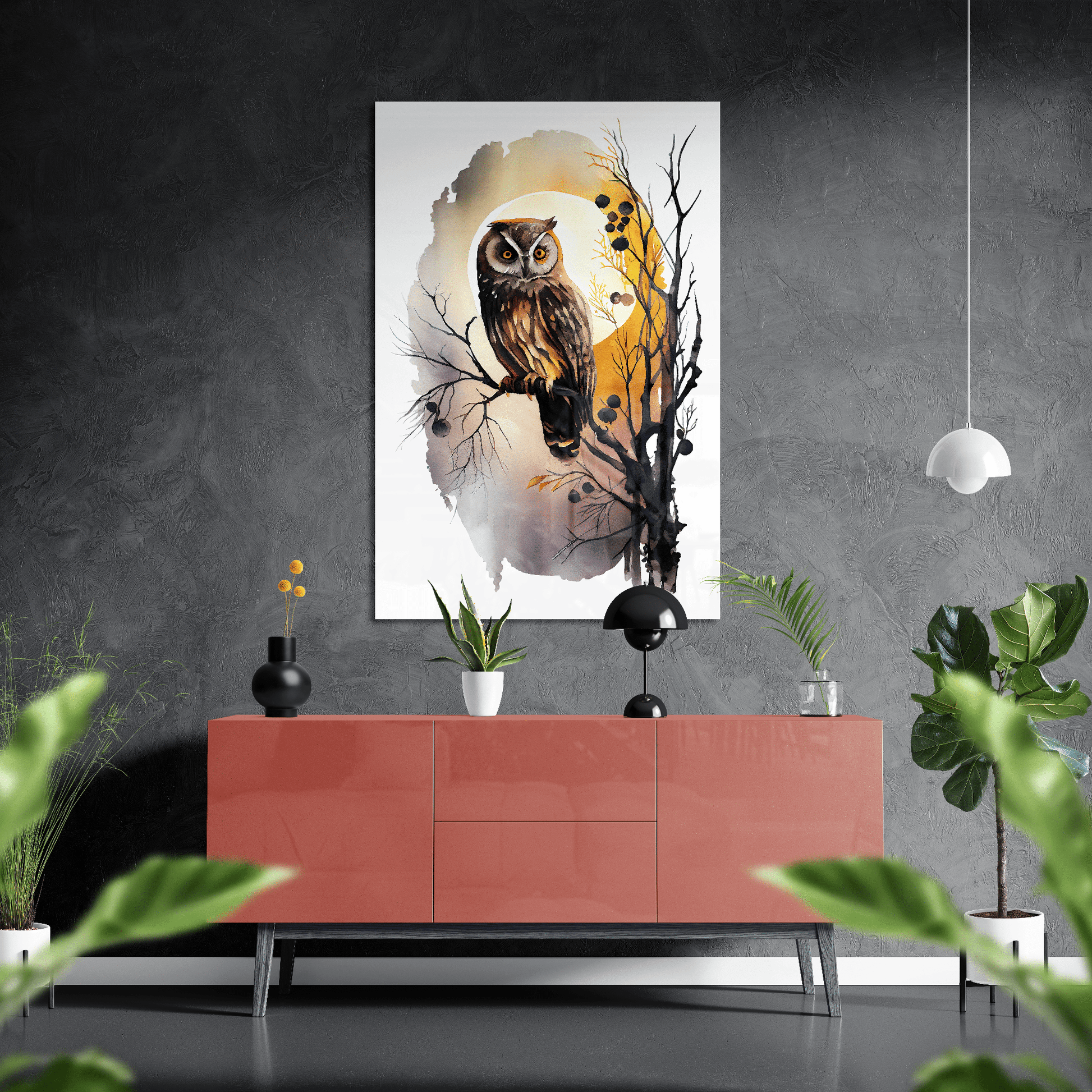 Moonlight Owl - Aquarell Wandbild - Hochformat - über einer Wohnzimmer-Kommode
