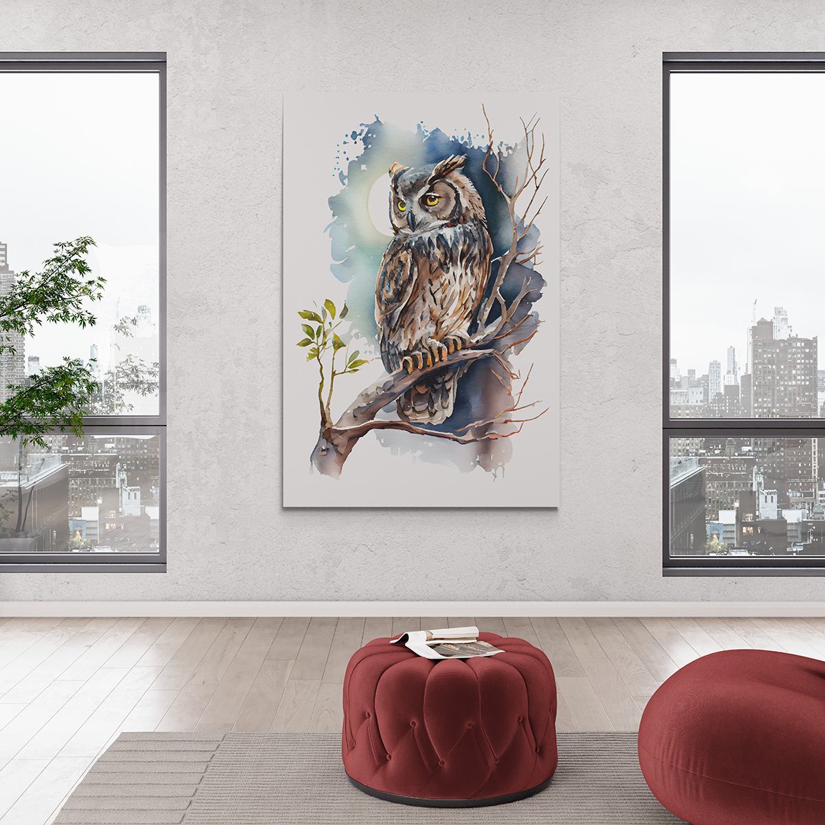 Night Owl - Aquarell Wandbild - Hochformat im Wohnzimmer